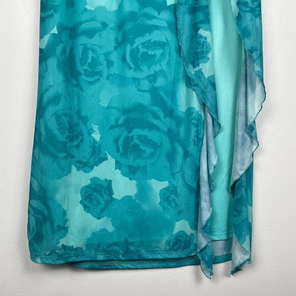 Something New Maxi Skirt S Teal Blue Floral Ruffle Mesh Fairy Mermaid Leg Slit - Picture 8 of 13